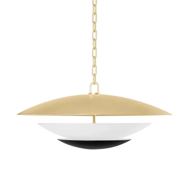 The Adara chandelier combines vintage gold leaf finish with soft black glass accents to create a sophisticated, layered aesthetic. Its 26.5-inch square profile makes a bold statement while maintaining clean, simple lines.