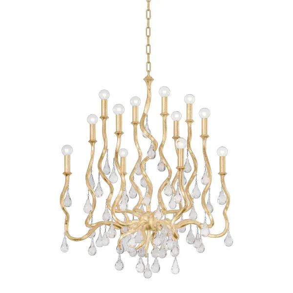 The Aveline transforms the classic candelabra chandelier with swirling arms and cascading crystal drops. Its 33-inch width and 12-light configuration deliver substantial presence while the Gold Leaf finish adds luxurious warmth to formal spaces.