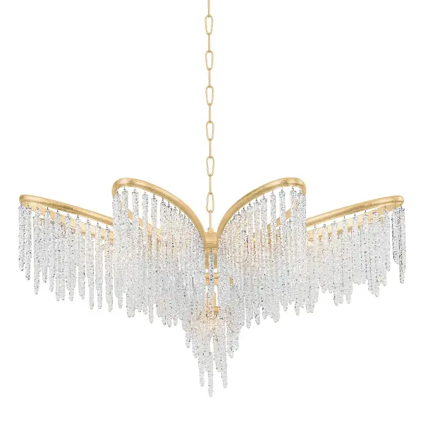 The Pandora chandelier transforms any grand space with its glamorous design featuring textured clear crystal strands cascading from a vintage gold leaf floral framework. At 48 inches wide, this statement piece creates stunning sparkle and radiant ambiance.