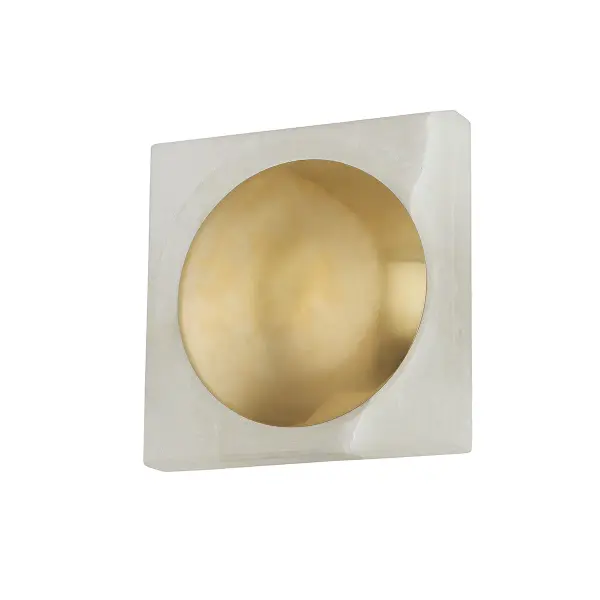 The Hamel LED sconce combines vintage brass metalwork with natural alabaster stone for a refined, contemporary look. Its integrated LED backlights the metal disc while illuminating the stone with a soft, warm glow—perfect for intimate spaces.
