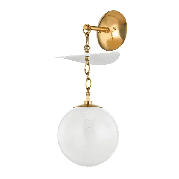 The Antoinette wall sconce brings sophisticated glamour with its earring-inspired design. Cloud glass globes hang from intricate chains with vintage brass accents and a distinctive Gesso White disc that adds visual depth.