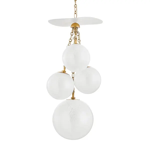 The Antoinette pendant brings sophisticated glamour to intimate spaces with its jewelry-inspired design. Cloud glass globes suspended from intricate chains create visual interest, while the Gesso White disc adds a distinctive architectural element.