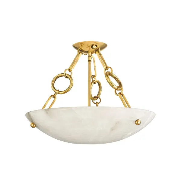The Yadira combines warm vintage brass with natural alabaster for a sophisticated lighting solution. Its compact 18-inch profile and semi-flush design make it ideal for rooms with standard ceiling heights where a pendant won't work.