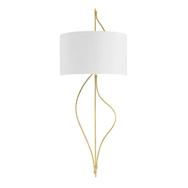 The Akina wall sconce brings large-scale sculptural presence with its flowing, wave-like brass form that wraps around a White Linen half-shade. Its open, airy design creates visual drama while the vintage brass finish adds warmth and sophistication to contemporary and transitional spaces.