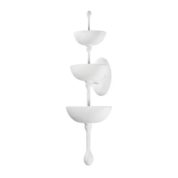 The Aura LED Wall Sconce features a striking vertical composition of graduated bowl-shaped shades in textured Gesso White plaster. Its sculptural design creates visual movement while providing efficient LED illumination.