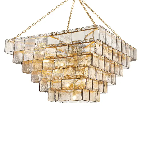 A show-stopping 29-light chandelier featuring three tiers of dark champagne piastre glass panels that create an icy, radiant glow. The textured glass and vintage gold leaf finish deliver dramatic visual impact perfect for grand spaces.