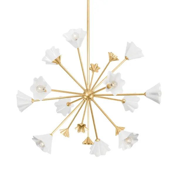 The Julieta chandelier reimagines the sputnik form with nature-inspired elegance. Twelve white porcelain flower-shaped shades bloom from vintage gold leaf arms, creating a striking focal point that balances minimalist design with organic warmth.