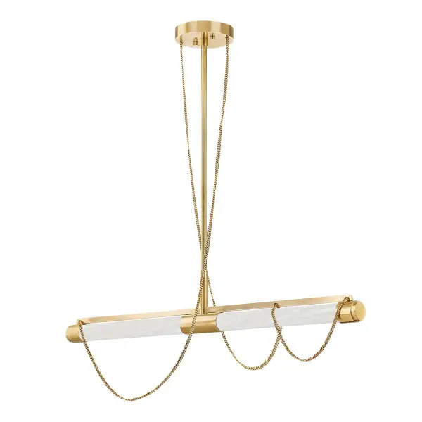 The Lariat LED Linear combines Roman-inspired design with modern LED technology. Tubular alabaster shades suspended by jewelry-like chains create dramatic visual interest, while knurled metalwork adds artisanal detail. Perfect for those seeking statement lighting with warm, natural glow.