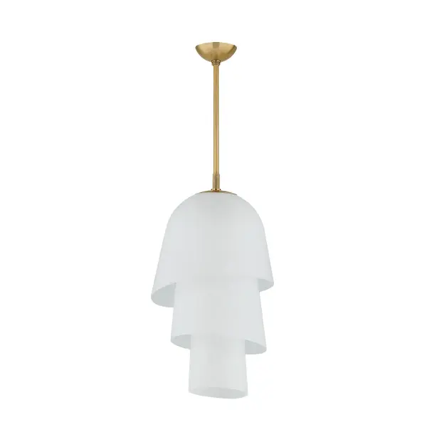 The Hela pendant brings nature-inspired elegance with its three-tiered etched glass bloom and fluid silhouette. The bias-cut glass edges create visual movement while the warm brass finish adds sophisticated contrast.
