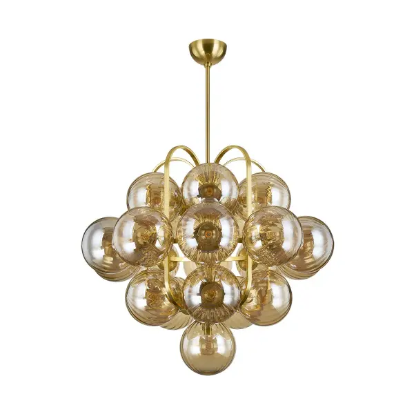 The Cronus 21-Light Chandelier delivers dramatic impact with its cluster of ribbed glass orbs and gleaming brass arches. This substantial fixture brings vintage Hollywood elegance to grand spaces while maintaining contemporary appeal.