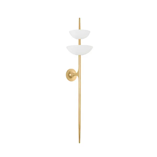 The Evander LED Wall Sconce masterfully balances geometric precision with organic curves. Its stacked gesso white bowls create a serene, layered glow while the vintage gold leaf framework adds warmth and sophistication.