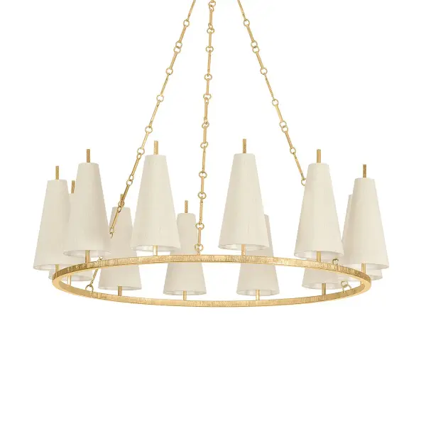 The Tirana 12-Light Chandelier balances traditional form with contemporary lightness through natural silk shades and textured Vintage Gold Leaf metalwork. Its 42-inch span and circular motifs create sophisticated ambiance for transitional interiors.