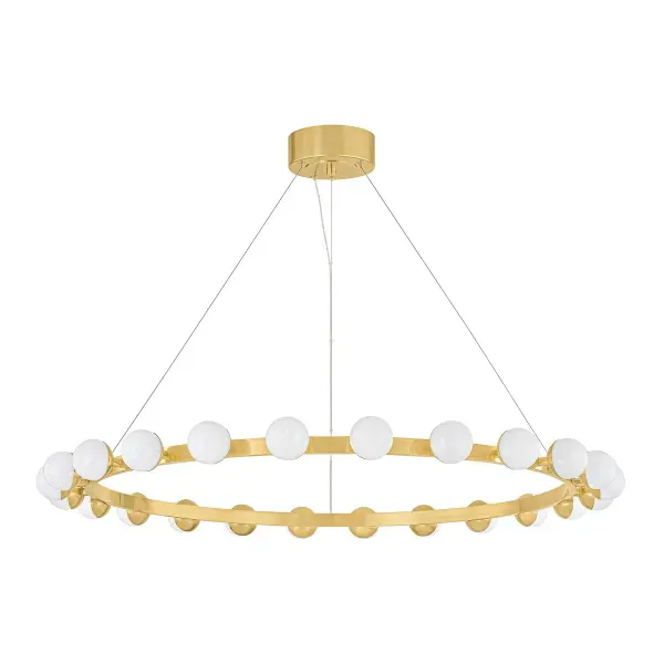 The Linus chandelier makes a bold architectural statement with concentric brass rings supporting 24 crackled glass globes. Integrated LED technology delivers warm, efficient lighting while the vintage brass finish adds timeless elegance.