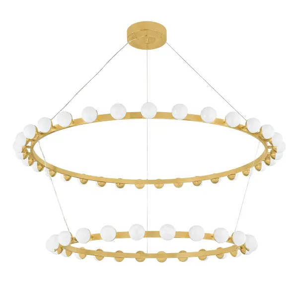 The Linus makes a bold architectural statement with concentric brass rings supporting 57 crackled glass globes. Its impressive 61-inch span and integrated LED technology deliver both visual drama and energy efficiency for grand spaces.