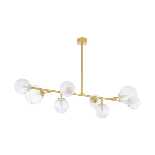 The Glasgow linear pendant brings dramatic scale and artistic flair to large spaces. Eight swirled glass globes suspended from a branch-inspired brass frame create a celestial aesthetic that bridges contemporary and organic design sensibilities.