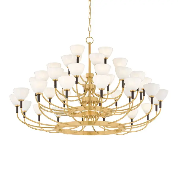 The Brahma makes a maximalist statement with 44 LED lights arranged in stacked tiers. Vintage Brass and Bronze metalwork create striking visual contrast, while milky cloud glass shades soften the grand scale. Perfect for high-ceiling spaces.