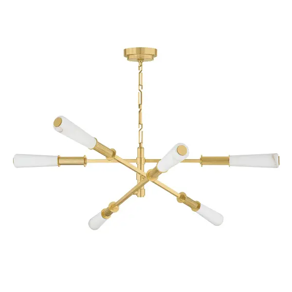 The Dashiell brings sculptural sophistication to large spaces with its balanced, kinetic design. Six LED-lit alabaster shades on slender brass arms create visual movement while delivering warm, efficient illumination.