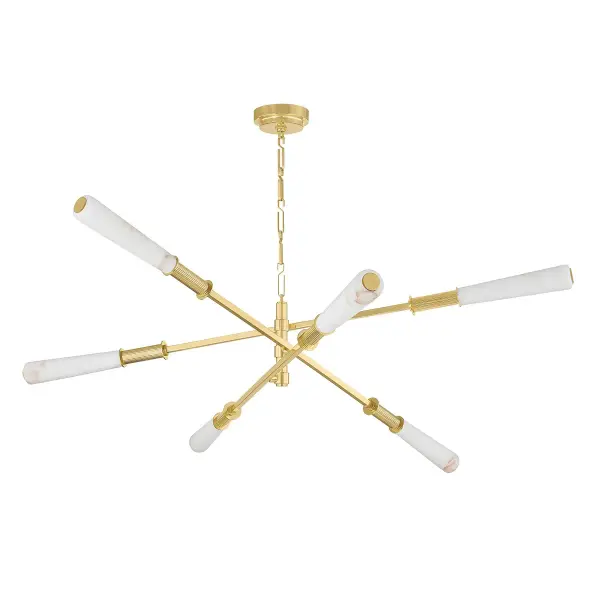 The Dashiell brings mobile-inspired artistry to large spaces with its balanced, kinetic design. Six LED-lit alabaster shades on slender brass arms create visual interest while providing ample illumination for dining and entertaining.
