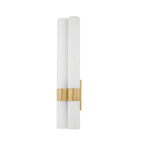 The Balerma LED Wall Sconce combines contemporary elegance with functional lighting. Its matte cloud glass reveals intricate veining when illuminated by integrated LED cores, while vintage brass cuffs and backplate add warmth and luxury. Perfect for vanity applications.