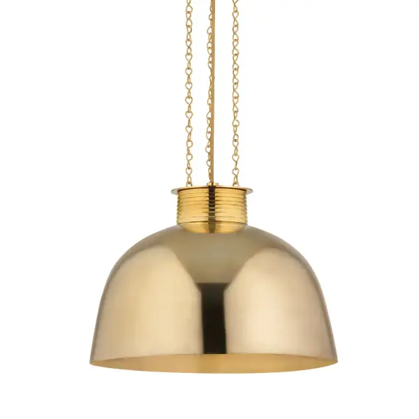 The Perseus pendant brings large-scale sophistication with its 20-inch dome silhouette and refined Vintage Brass finish. Textured metal bangle hardware adds a distinctive jewelry-inspired detail, while triple decorative chains create visual interest.