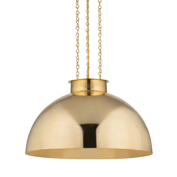 The Perseus pendant combines large-scale presence with refined details. Its 30-inch dome silhouette makes a dramatic impact, while the vintage brass finish and decorative chain hardware add jewelry-like sophistication to modern interiors.