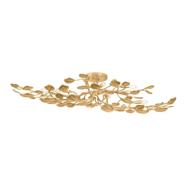The Menorca transforms any space with its oversized eucalyptus-inspired leaves in vintage gold leaf. This sculptural semi-flush mount creates dramatic illumination while maintaining a low profile perfect for standard ceiling heights.