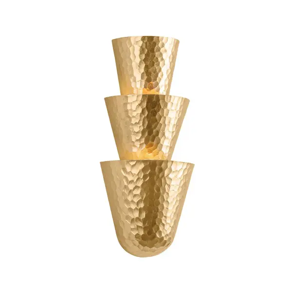 The Bucharest sconce delivers dramatic ambient lighting through its stacked conical design and exquisite hammered gold leaf finish. Its compact 8.25" width makes it ideal for smaller spaces while creating significant visual impact.