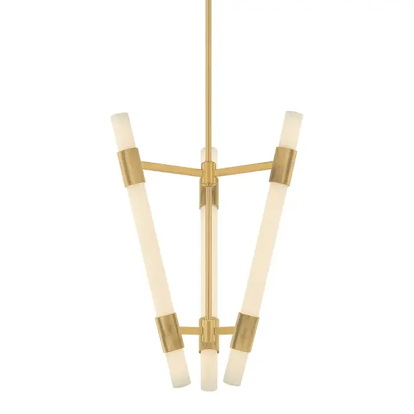 The Krakow LED Lantern combines minimalist design with maximum visual impact. Its tilted matte cloud glass tubes and ribbed brass detailing create a striking focal point perfect for grand spaces requiring dramatic overhead lighting.