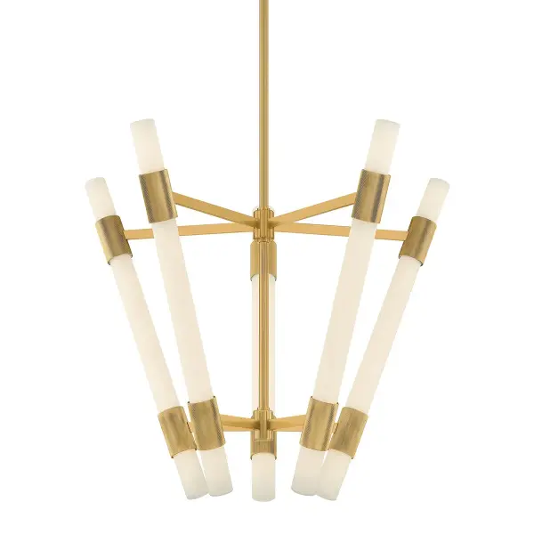 The Krakow makes a bold architectural statement with its clean-lined LED tubes and warm brass accents. Perfect for grand spaces needing dramatic overhead lighting without harsh glare. The tilted glass shades create visual interest from every angle.