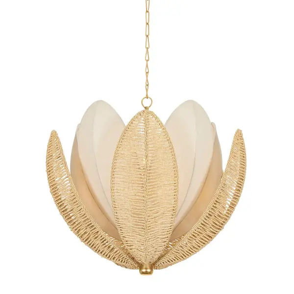 Costa Brava brings nature indoors with handcrafted coco shell beads and natural linen weaving. The sculptural petal design creates dramatic visual interest while the Vintage Gold Leaf finish adds refined sophistication. Perfect for spaces seeking organic warmth with upscale appeal.