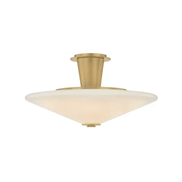 The Cologne combines modern minimalism with warm vintage brass metalwork and distinctive disc-shaped cloud glass shades. Its integrated LED delivers excellent light output while the low-profile design works beautifully in spaces with standard ceiling heights.