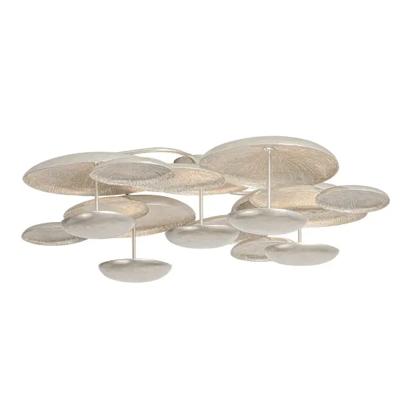 The Fistral semi flush mount transforms ceilings into art with its layered metal disc composition. The textured Warm Silver Leaf finish catches and reflects integrated LED light beautifully, creating ambient warmth throughout the space.