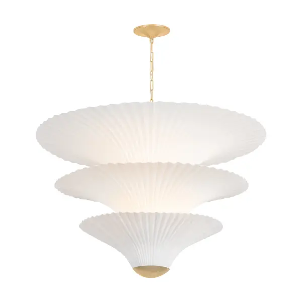 Belluno brings artisanal elegance with its tiered pleated paper construction and Vintage Gold Leaf accents. The handmade paper layers create soft, diffused light with organic texture and movement, perfect for spaces seeking warmth and sophistication.