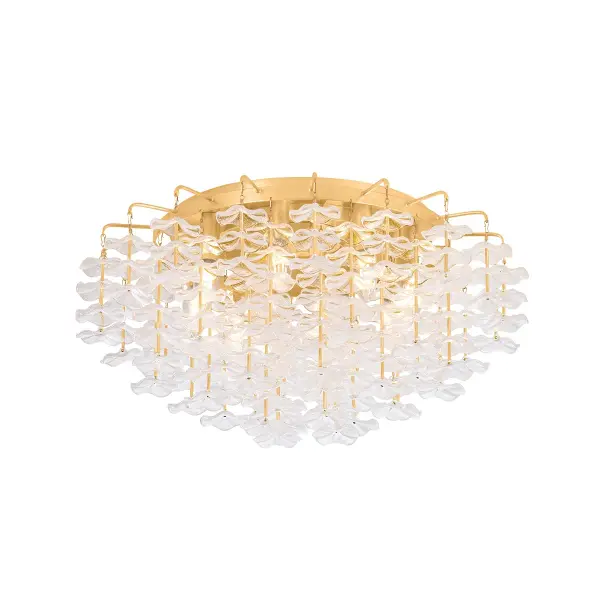 The Alsace semi flush mount brings poetic charm with its Liberty fabric-inspired floral glass forms. Eight stacked piastre glass florals dangle from slender Vintage Gold Leaf stems, creating delicate visual interest overhead without overwhelming the space.
