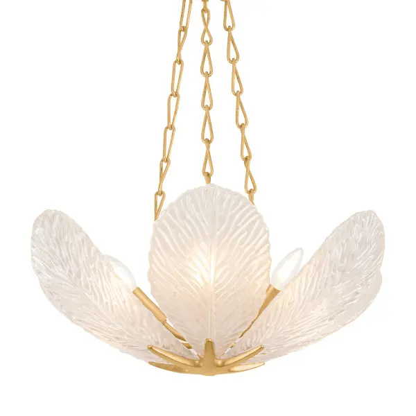 The Galena chandelier brings nature indoors with its stunning petal-shaped glass design and vintage gold finish. Each etched glass piece mimics botanical veining, creating organic beauty that works in both traditional and contemporary spaces.