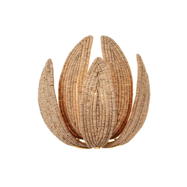 The Varanasi wall sconce reimagines the iconic artichoke silhouette with cascading tiers of hand-applied coco beads. Each piece is unique, blending natural materials with a Vintage Gold Leaf stem for sophisticated organic style.