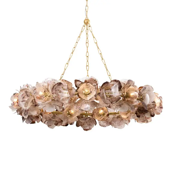 The Galle chandelier transforms natural oyster shells into an extraordinary lighting sculpture. Its 54-inch diameter and 20 lights create dramatic presence, while the pearlescent shells diffuse light beautifully. Perfect for grand spaces seeking organic elegance.