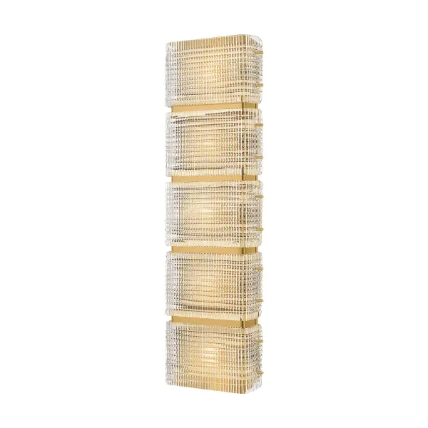 The Mav sconce reimagines retro glass block design with contemporary sophistication. Its vertically stacked crystal squares create dramatic light refraction, while the shallow 2.75" profile makes it ideal for narrow spaces.