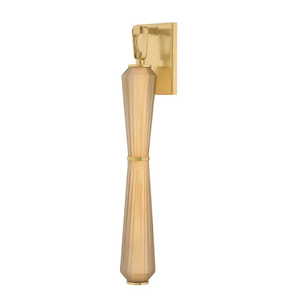 The Zircon sconce brings jewelry-inspired elegance to bath and vanity lighting. Its distinctive hourglass-shaped etched glass shade in light bronze creates a moody, romantic ambiance, while the vintage brass finish adds warmth and sophistication.