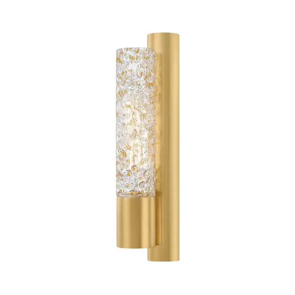 The Ivalo sconce combines minimalist design with rich texture through its specialty Doria glass featuring golden-amber specks that create an effervescent glow. The sleek Vintage Brass finish adds warmth and sophistication to any space.