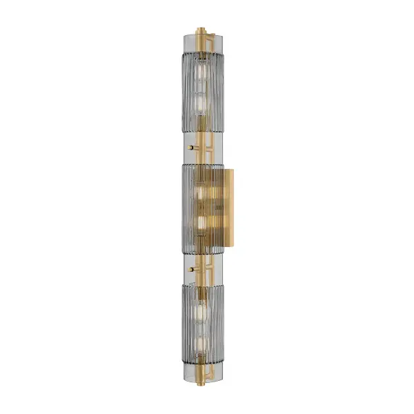 The Duoro transforms bathroom lighting into an art piece with its totemic stacked glass shades and vintage brass frame. Clear smoked piastre glass diffuses light beautifully while the sculptural silhouette makes a bold statement.