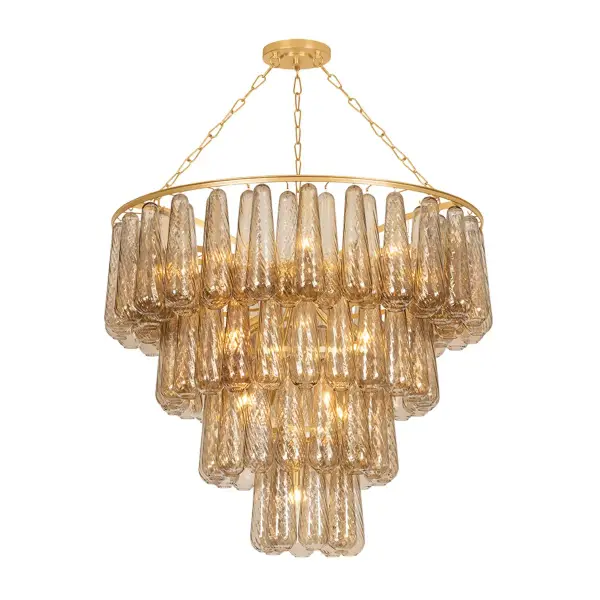 The Milos 19-light chandelier masterfully blends old-world Italian craftsmanship with contemporary proportions. Its multi-tiered design features cascading droplet-shaped glass with swirled light bronze optic that creates stunning light refraction. The vintage gold leaf finish adds luxurious warmth, making this an exceptional statement piece for grand spaces.