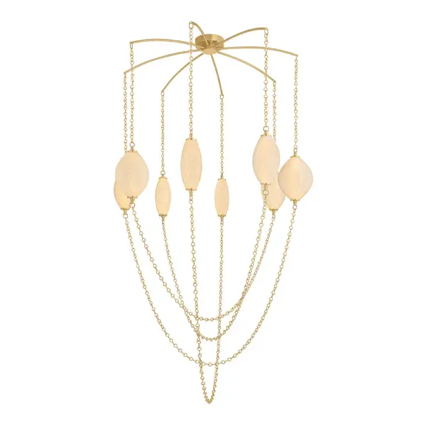 The Positano brings jewelry-like elegance to large spaces with its draped chain design and organic cloud seeded glass pods. The 54-inch width and integrated LED technology make it both a statement piece and practical lighting solution.