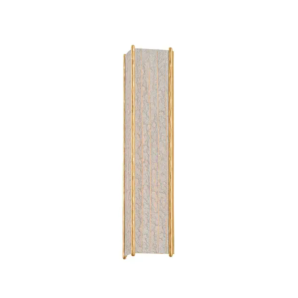 The Mostar sconce transforms a minimalist form into a serene statement piece. An earthy, hand-crafted paper shade is set within a slender, triangular frame finished in hammered Vintage Gold Leaf. When illuminated, the paper softly diffuses the glow into delicate vignettes of light, bringing the metal's shimmering texture to life. Collection: Mostar Designer: Corbett-Standard Finish: Vintage Gold Leaf Glass: Handmade Paper Width: 7.50" Height: 27.00" Weight: 9.00 lb Extension from Wall: 4.50" Canopy: 6.75"x23.00" Number of Bulbs: 1 Maximum Wattage: 20.00 W Bulb Base: Integrated Light Source: LED Light Output: 375.00 lm Color Temperature: 2700 K CRI: 90 Voltage: 120.00 V Material: Steel Country of Origin: PH Safety Listing: UL, cETL Safety Rating: Damp ADA LED Manufacturer Warranty: 1 Year Limited Manufacturer Spec Sheet Instructions