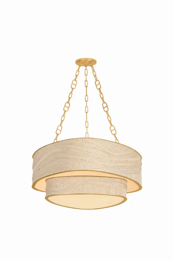 The Kiso chandelier transforms the classic drum silhouette into a sculptural statement piece with its handwoven bleached abaca rope shade. The faceted trillion-cut design creates visual interest from every angle, while the triple-drop mariner chain adds architectural drama.