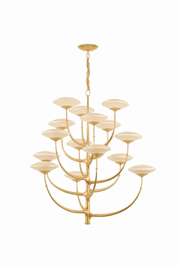 The Pluro chandelier transforms organic mushroom forms into a stunning 46-inch wide statement fixture. Hand-sculpted metalwork in vintage gold leaf creates flowing branches adorned with 15 diamond-shaped Bianca glass shades featuring subtle rippling textures.