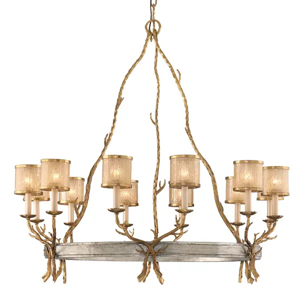 This impressive 12-light chandelier reimagines classic ring design with nature-inspired branching metalwork. The hand-worked iron frame in Vintage Gold Leaf finish paired with Golden Ice glass creates a sophisticated focal point for grand spaces.