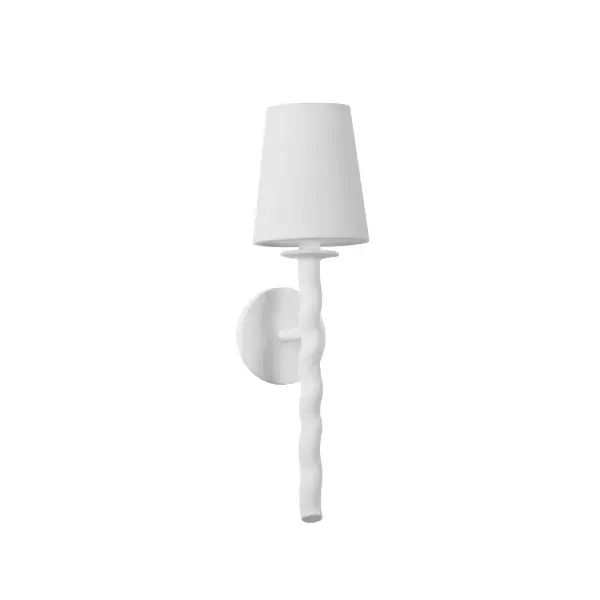 The Alvaro wall sconce features an unforgettable helical stem design that bridges traditional and contemporary aesthetics. Its compact profile and soft gesso white finish with linen shade make it ideal for hallways and bedrooms.