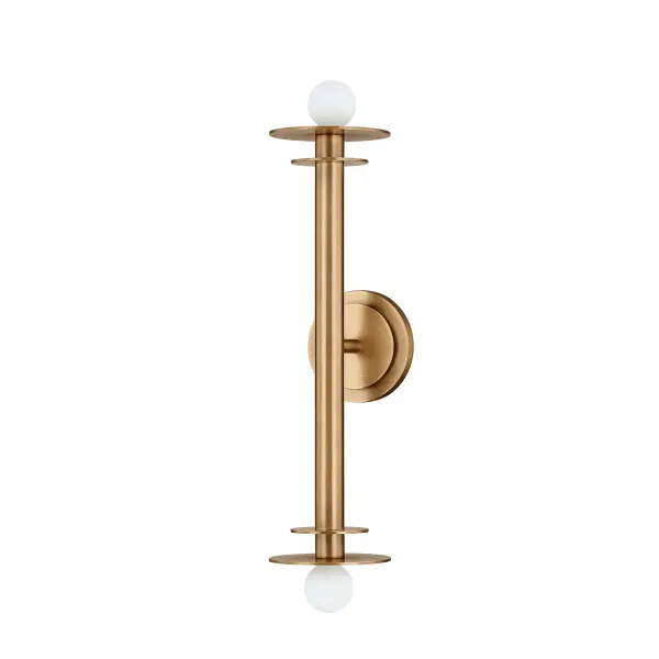 The Arley sconce delivers sophisticated ambient lighting through its vertical design with circular disc motifs. The warm Patina Brass finish and steel construction create an elegant focal point for transitional and contemporary spaces.