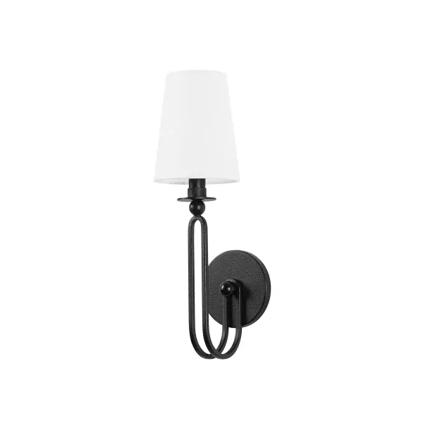 The Valor sconce brings fresh energy to traditional wall lighting with its swooping racetrack arm and circular backplate. Forged iron metalwork paired with an off-white linen shade creates versatile style that works throughout the home.